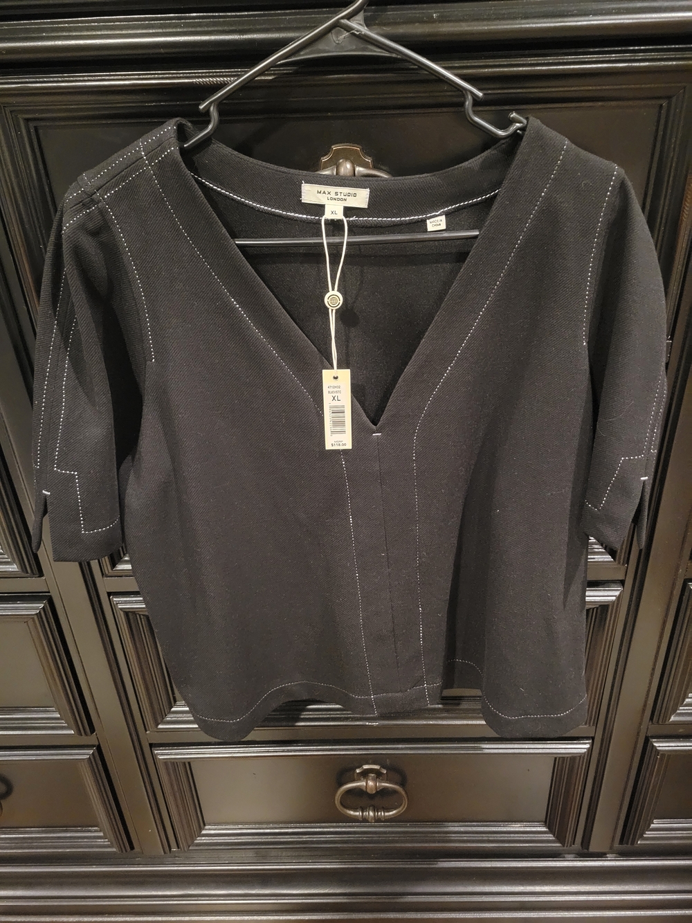 Max Studio Black V-Neck Top with Contrast Stitching